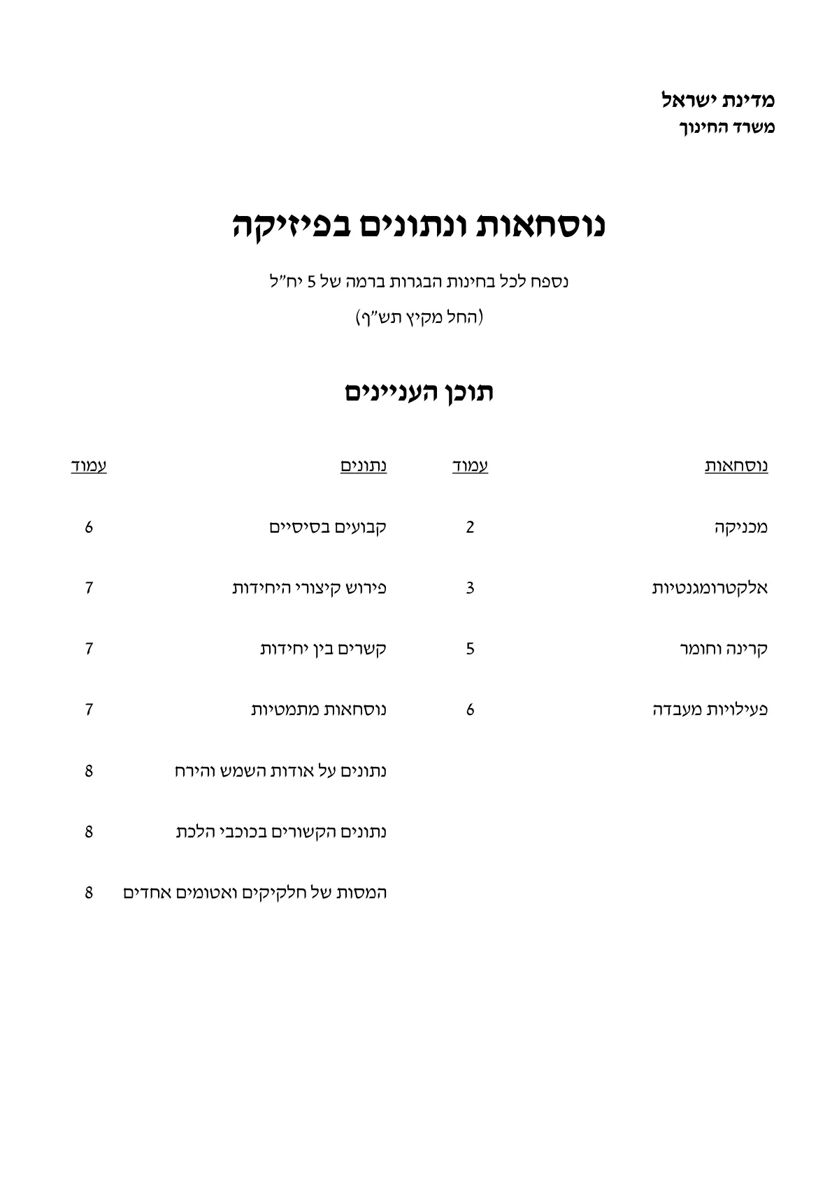 נוסחאון פיזיקה 5 יח״ל, עמוד 1 מתוך 8
