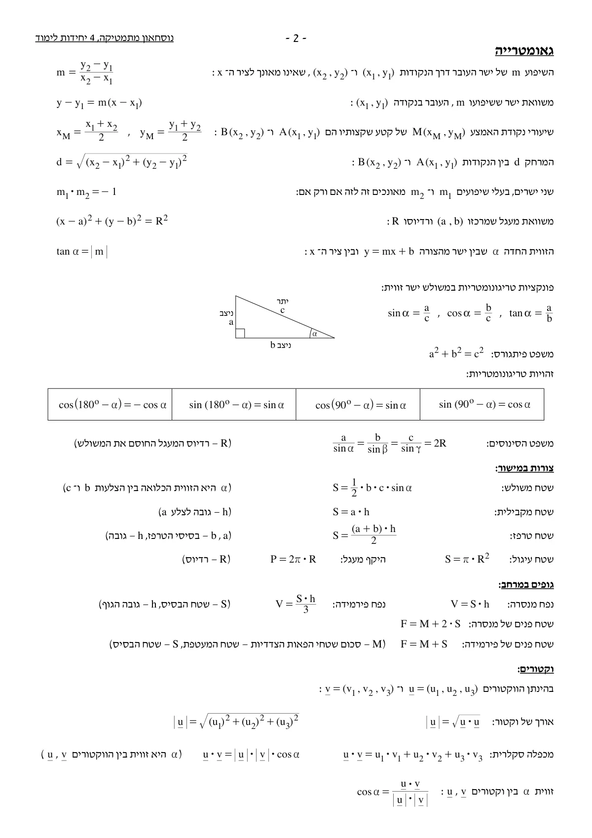 נוסחאון מתמטיקה 4 יח״ל, עמוד 2 מתוך 4